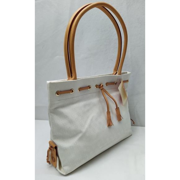 Dooney & Bourke White Canvas Leather Trim Double Handle Tassel Tote Bag - Picture 3 of 16